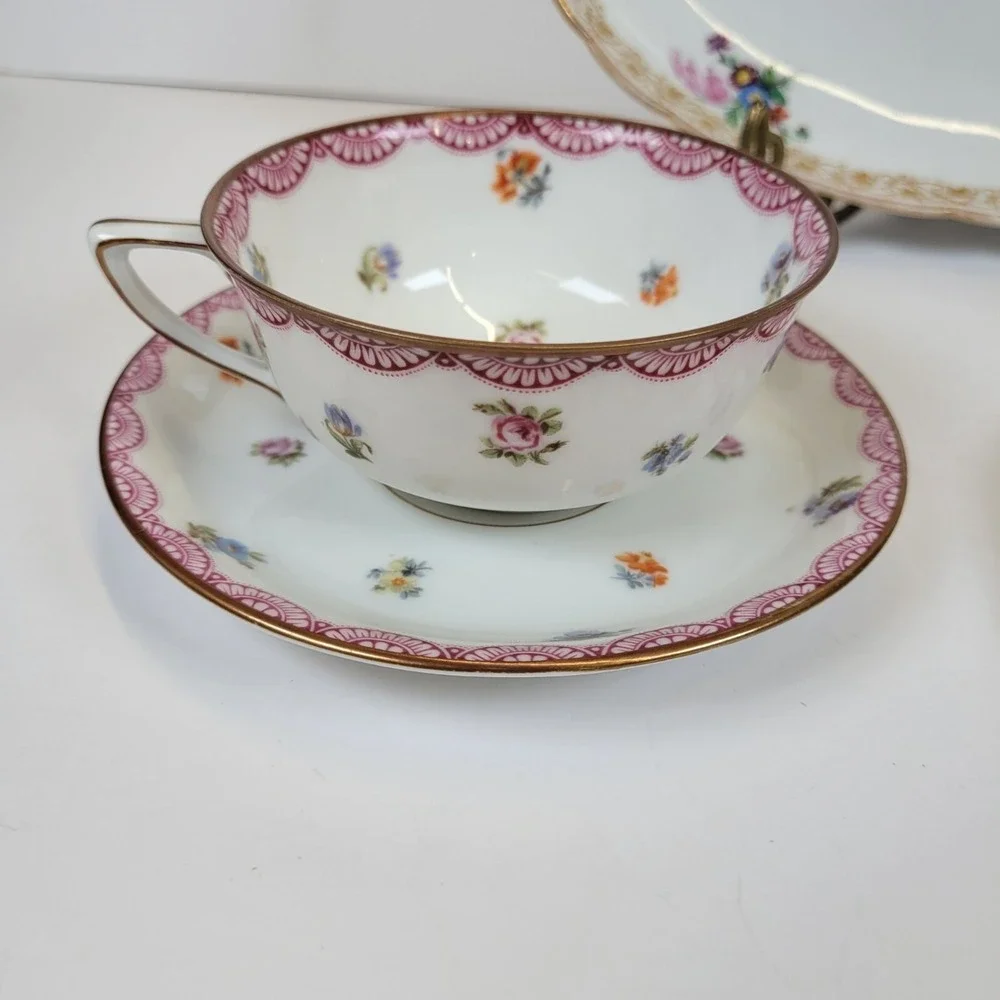 Vtg 4 Pc Mixed Lot Bavarian Porcelain Floral Gild Tea Cup Saucer Oval Dish Plate